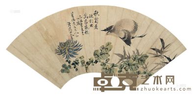 华喦 1745年作 松菊竹禽图 扇面 18×49cm