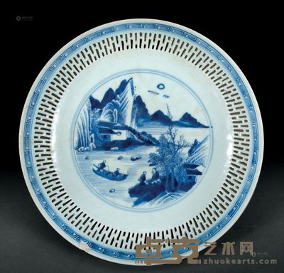 清中期 青花山水人物盘 直径26.4cm