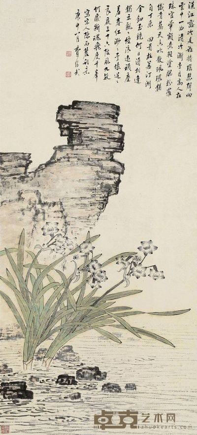 费继武 庚申(1920)年作 汉江露冷 立轴 102×47cm