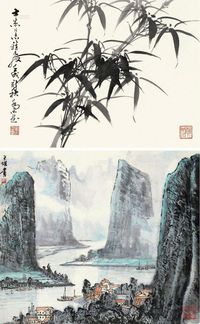 乔木 蔡天雄 壬戌（1982）年作 墨竹图 江村图 立轴双挖