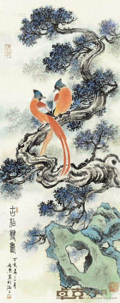 安东 丁亥（2007）年作 古柏双寿 立轴 80×31cm