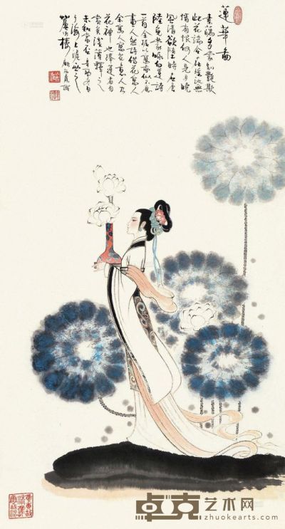 顾炳鑫 辛酉（1981）年作 莲华图 立轴 89×48cm