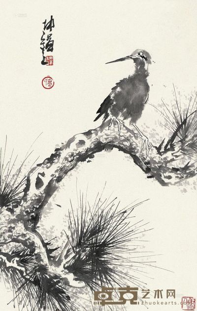 庐坤峰 松禽图 镜片 64×41cm