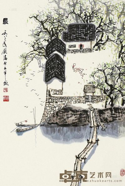 凌镜清 1983年作 水乡清晨 镜片 67×45cm