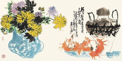 杭英 乙酉（2005）年作 持螯赏菊 镜片