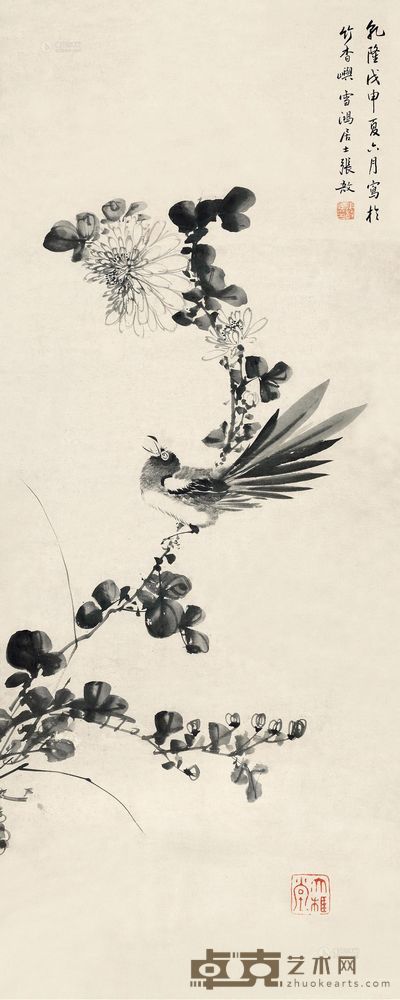 张敔 戊申（1788）年作 菊禽 立轴 129×52cm