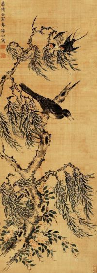 锦如 壬寅（1542）年作 翠柳鸣禽 立轴