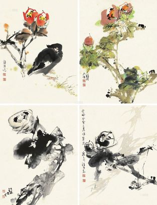 应诗流 写意花鸟 （四幅） 镜片