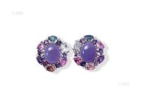 天然紫罗兰翡翠配彩色蓝宝石及钻石耳钉