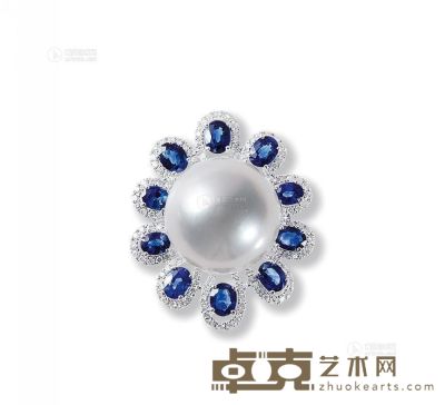 白色珍珠配蓝宝石及钻石戒指 