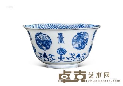清康熙 青花团凤捧寿纹碗 直径15.5cm