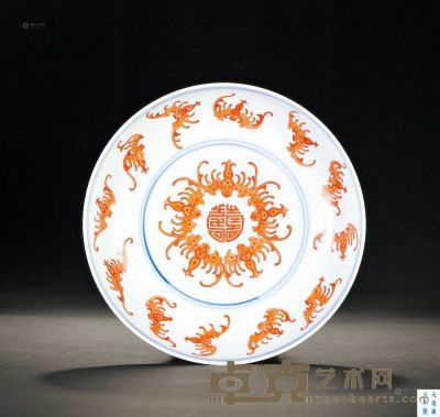 清雍正 矾红五福捧寿纹盘 直径15.5cm