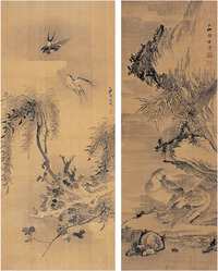 方济 柳絮飞燕图 双栖图