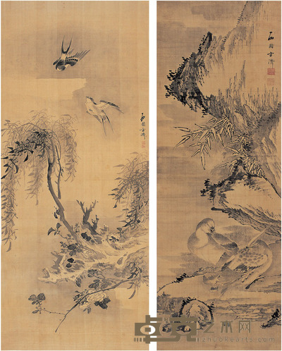 方济 柳絮飞燕图 双栖图 98×42cm 94×34cm