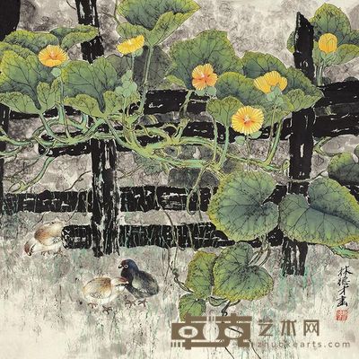 林德才 雏鸡嬉戏图 镜心 69×69cm
