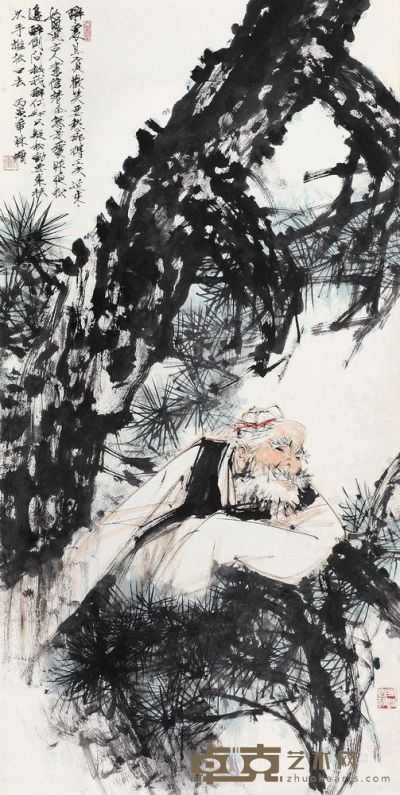 林墉 丙寅（1986）年作 醉翁观松图 立轴 136×68cm