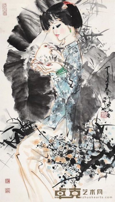 林墉 丁丑（1997）年作 女孩捧鸽 镜片 121.5×69.5cm