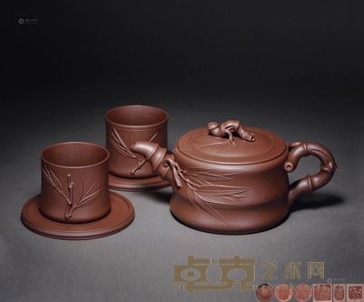 唐彬杰 五头盘竹套壶 茶杯高5.4cm;口径6cm;杯托高0.8cm;直径10cm