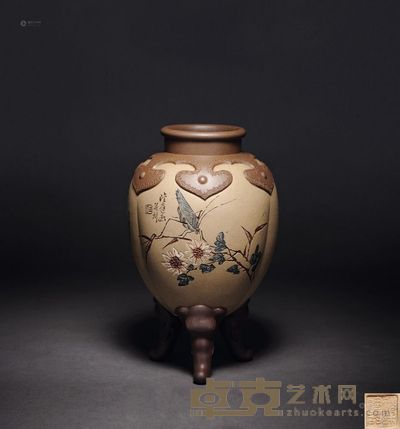 任淦庭  段泥刻书画象足赏瓶 高21cm