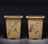 任淦庭  粉段泥飘口刻绘兰花盆