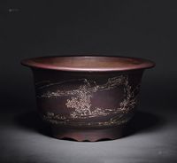 北岩刻  粉红泥刻山水、诗文圆盆