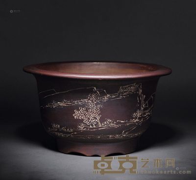 北岩刻  粉红泥刻山水、诗文圆盆 高15cm；口径27.5cm