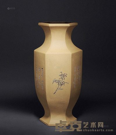 萧平绘、顾顺良刻、罗强制  梅兰竹三君子六方瓶 高54cm