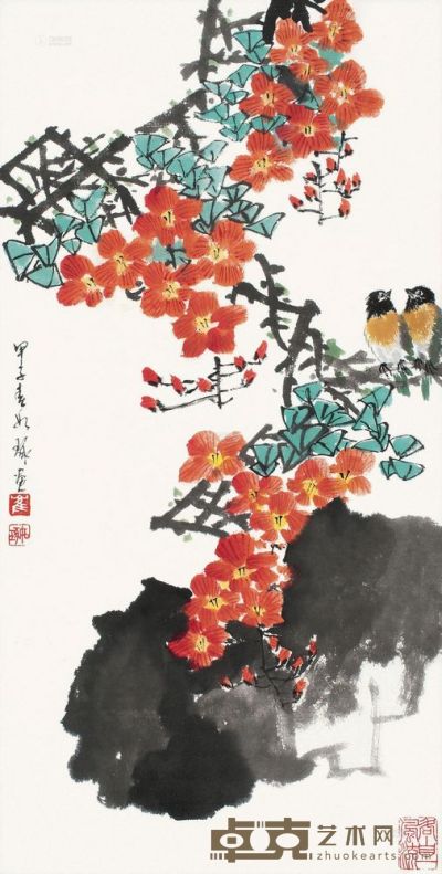 崔如琢 甲子（1984）年作 桃花小鸟 立轴 67×33.5cm