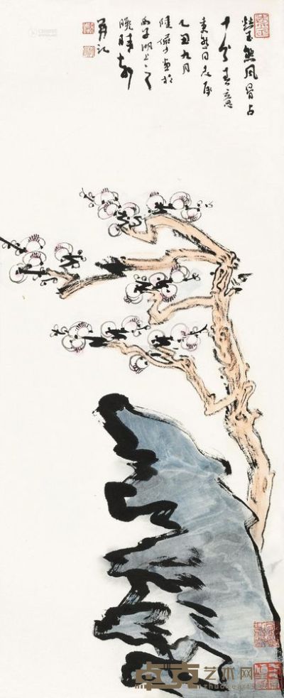 陆俨少 乙丑（1985）年作 梅石图 立轴 83.5×33.5cm