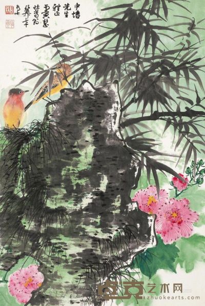 谢稚柳 丙寅（1986）年作 芙蓉竹雀 立轴 68×45.5cm