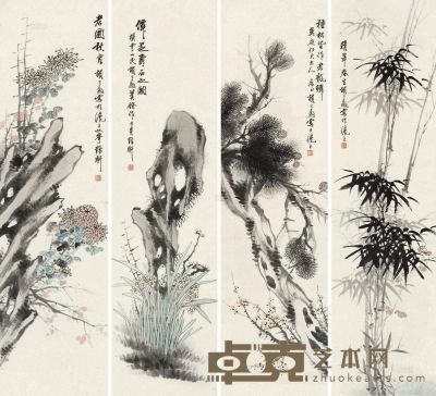 胡公寿 花卉 立轴 四屏 145×39cm×4