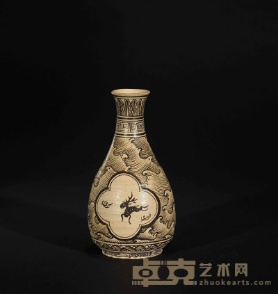吉州窑海水开光奔鹿纹瓶 腹径11.5cm 高23cm