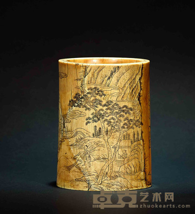 牙雕渔樵耕读笔筒 直径9cm高12.5cm