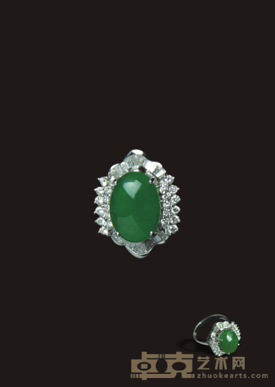 18k金钻石镶嵌老坑冰种宝石绿满色极品翡翠戒指 圈口 1.9CM