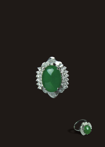 18k金钻石镶嵌老坑冰种宝石绿满色极品翡翠戒指