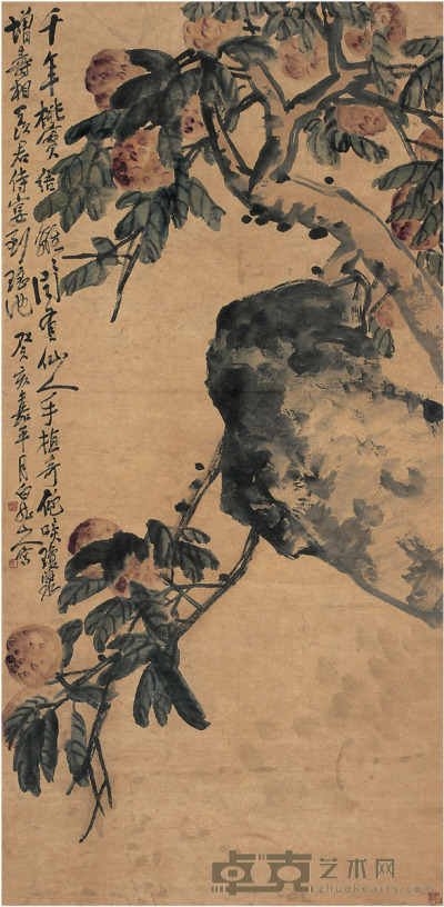 王震  寿桃图 136.5×67cm