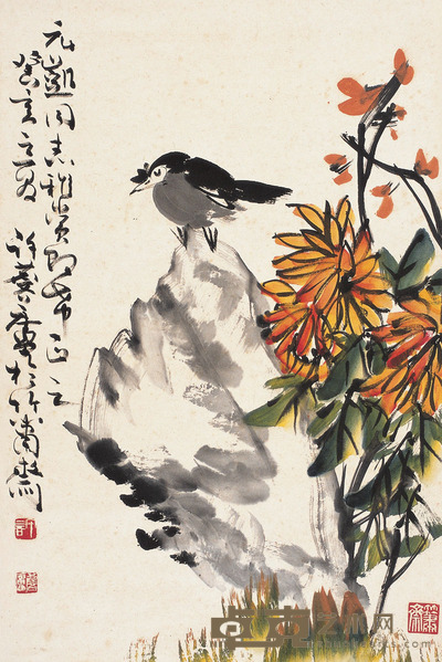 许麐庐  菊石小鸟图 67.5×44.5cm