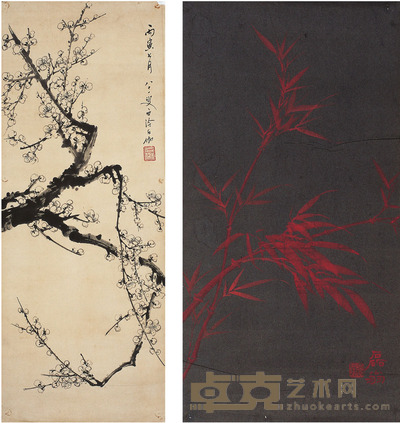 申石伽  墨梅·朱竹 70×27cm 49.5×25.5cm