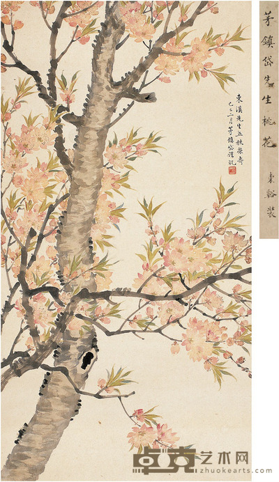 茅镇岱 桃花贺寿图 86.5×46cm