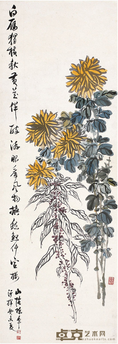 陈半丁 秋菊雁来红图 100×34cm