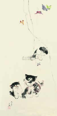 曹金奇 小猫戏蝶 立轴