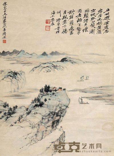 晏济元 峡江帆影 立轴 65×47cm