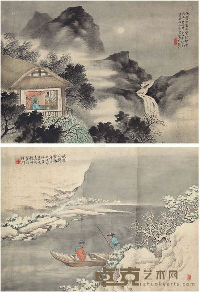 彭暘 山水人物 (2件) 镜心 32×43cm×2