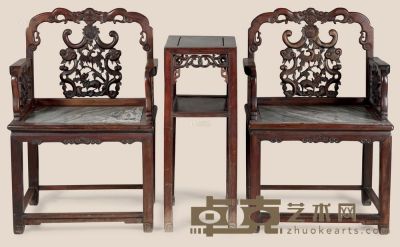 清 红木嵌大理石太师椅 （三件） 62×45×95cm；41×31×82cm