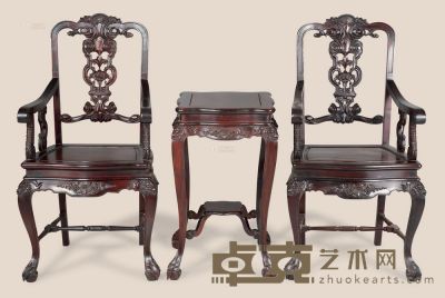 民国 红木雕花扶手椅 （三件） 51×44×101cm；39×39×70cm