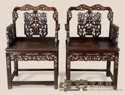 民国 红木嵌螺钿延年益寿太师椅 （两件） 61×48×98cm