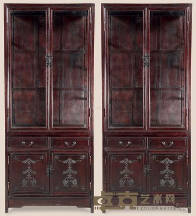 民国 红木雕吉庆展示柜 （两件） 90×36×210cm