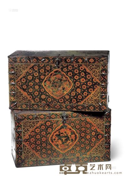 彩绘龙纹木箱一对 十七世纪 79×43×35cm