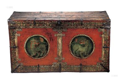 彩绘双狮图木箱 十六世纪