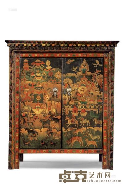 十九世纪 彩绘祭神图佛龛 92×105×50cm